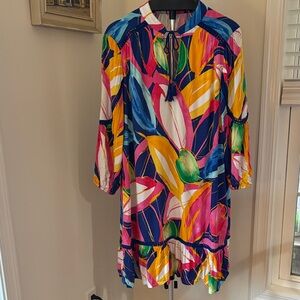 Crown & Ivy Tropical Print Pom Pom Dress Tunic Plus Size XL Cruise Resort Wear